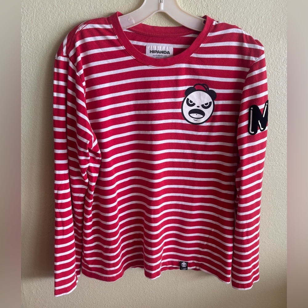 HiPanda Red & White Striped Long Sleeve Shirt w/ Angry Panda Logo Shirt Size: L